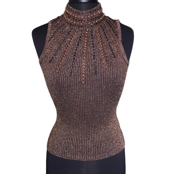 Cache’ Metallic Beaded Embellished Top Size S